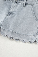 Dusk Blue Scalloped Hemline Acid Wash High Waist Denim Shorts Denim Shorts JT's Designer Fashion