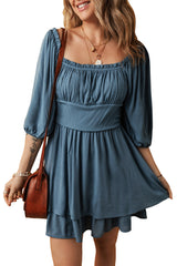 Real Teal Frilled Neckline 3/4 Sleeve Layered Ruched Mini Dress Mini Dresses JT's Designer Fashion
