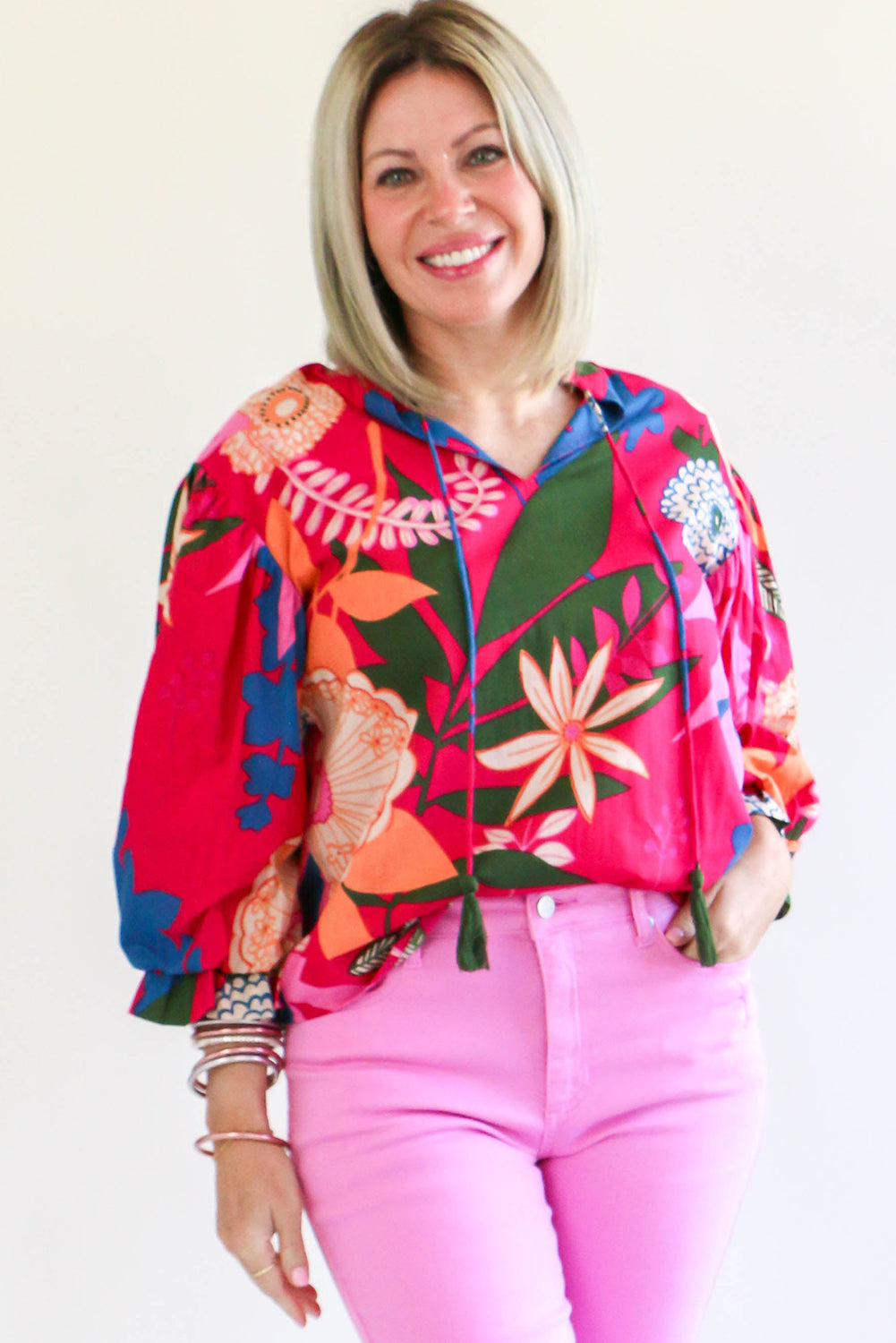 Rose Blooming Flower Print Ruffled Puff Sleeve Blouse Blouses & Shirts JT's Designer Fashion