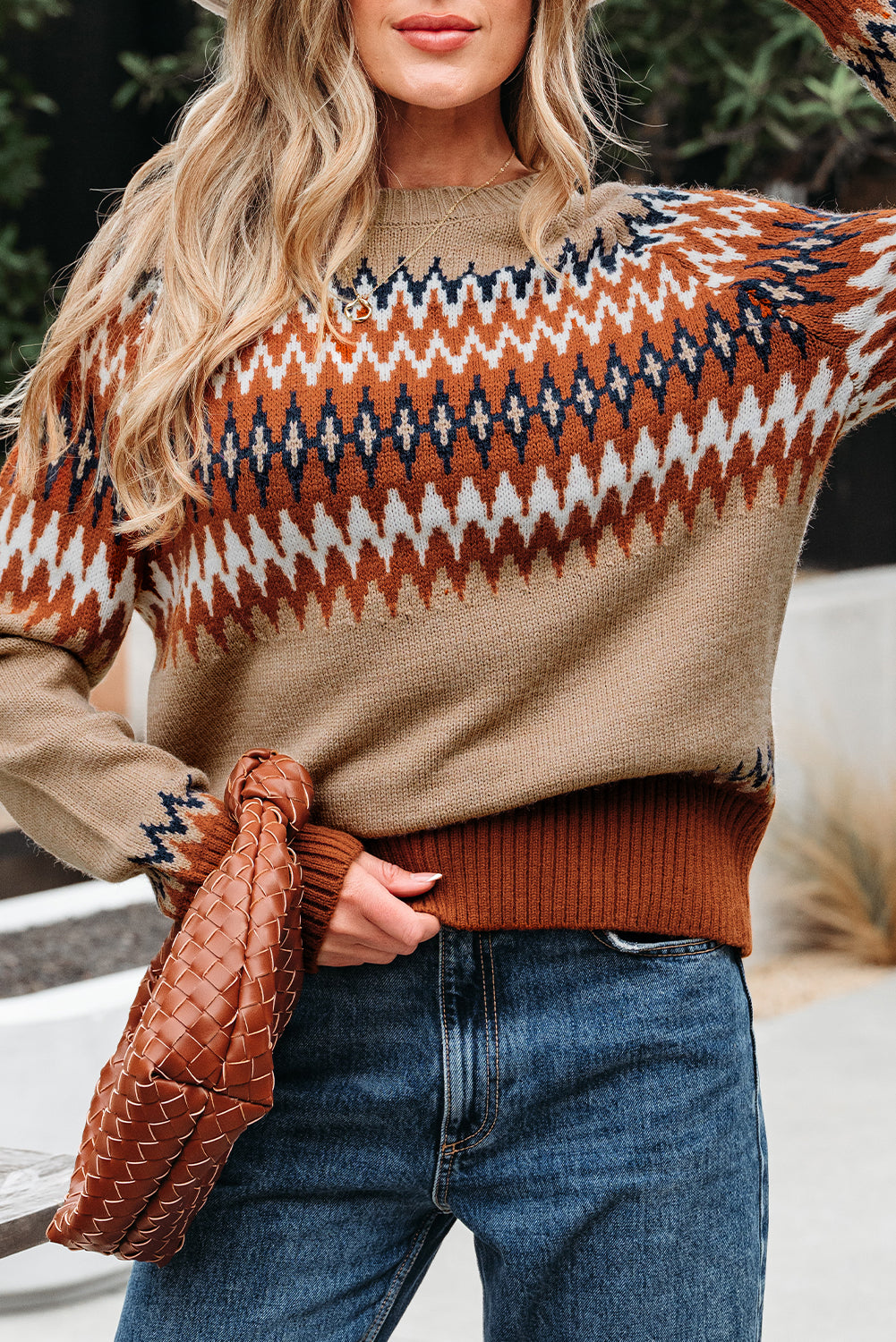 Khaki Aztec Print Colorblock Crew Neck Sweater Sweaters JT's Designer Fashion