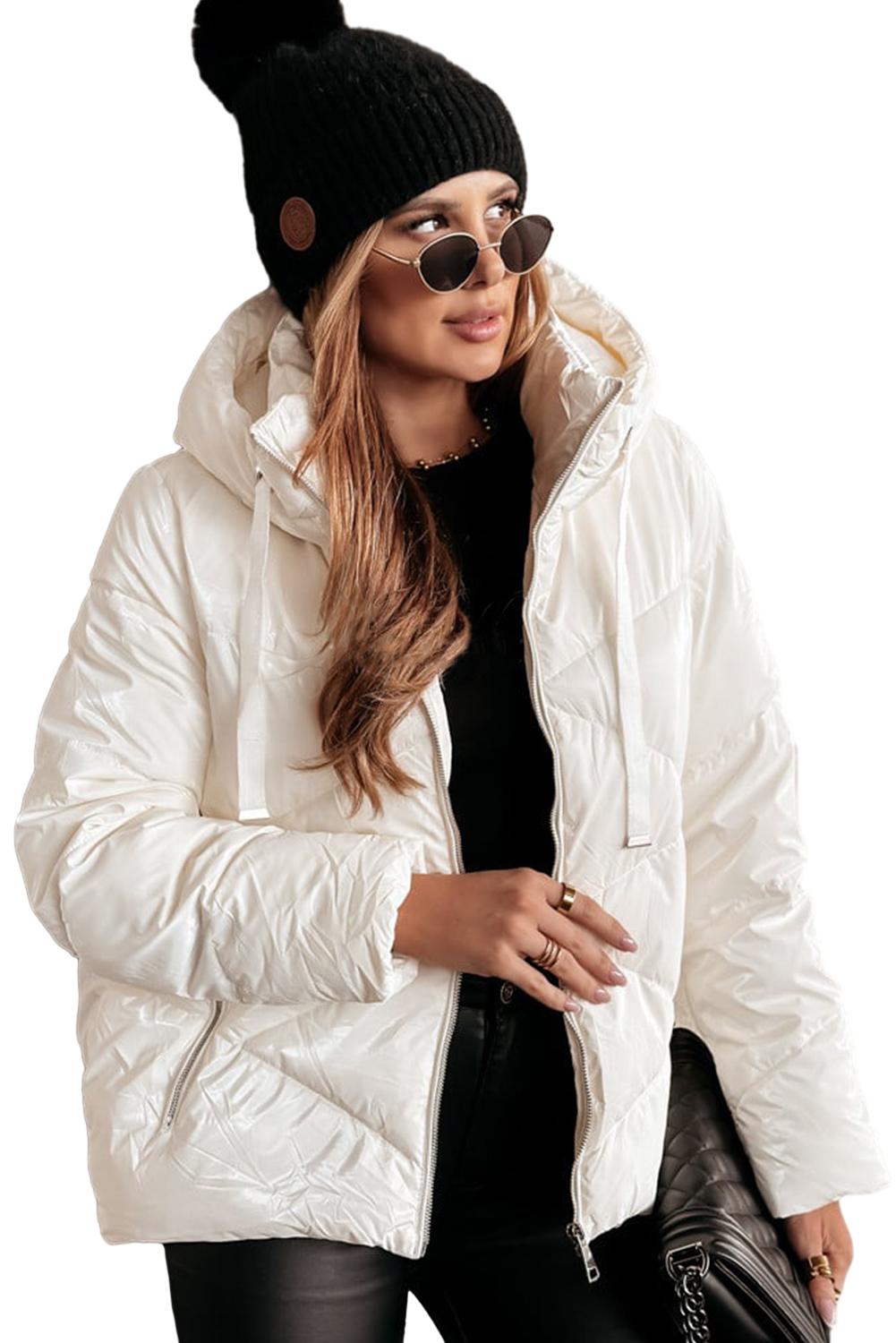 White Solid Quilted Hooded Zip Up Puffer Coat Jackets JT's Designer Fashion