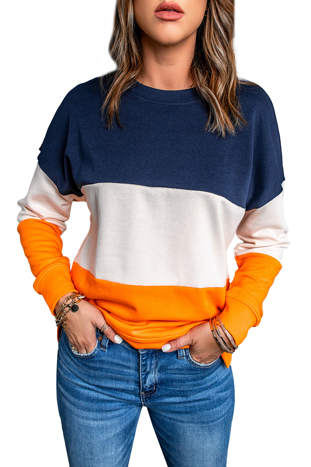 Colorblock Orange Contrast Stitching Sweatshirt with Slits Sweatshirts & Hoodies JT's Designer Fashion