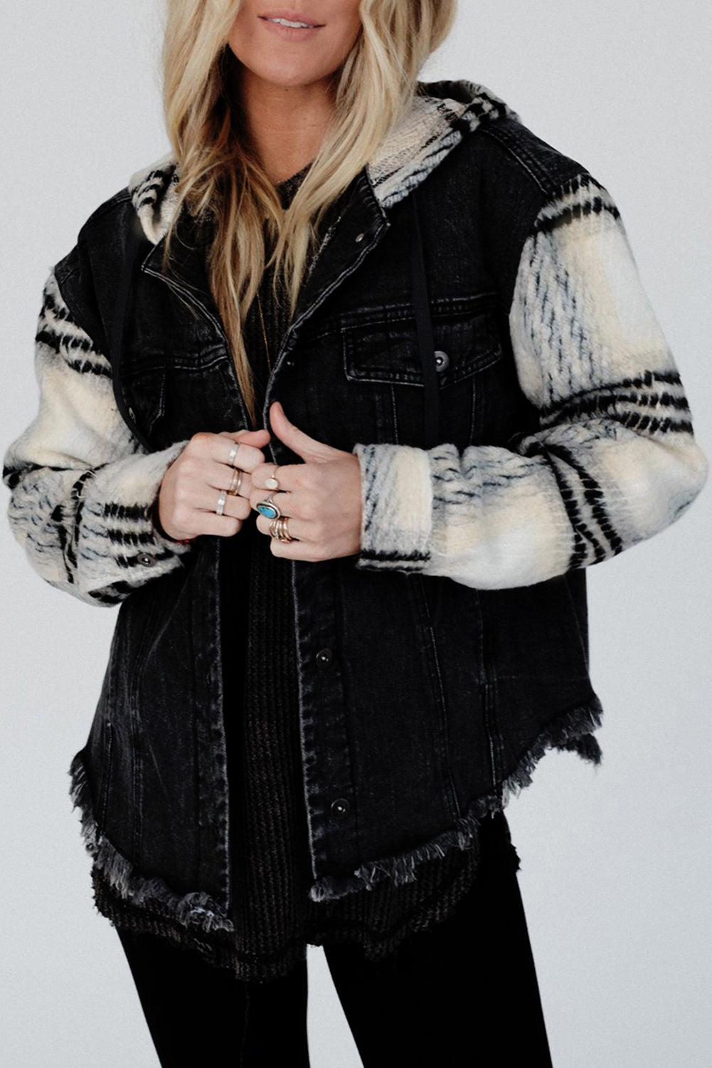 Black Plaid Sleeve Frayed Hem Hooded Denim Jacket Denim Jackets JT's Designer Fashion
