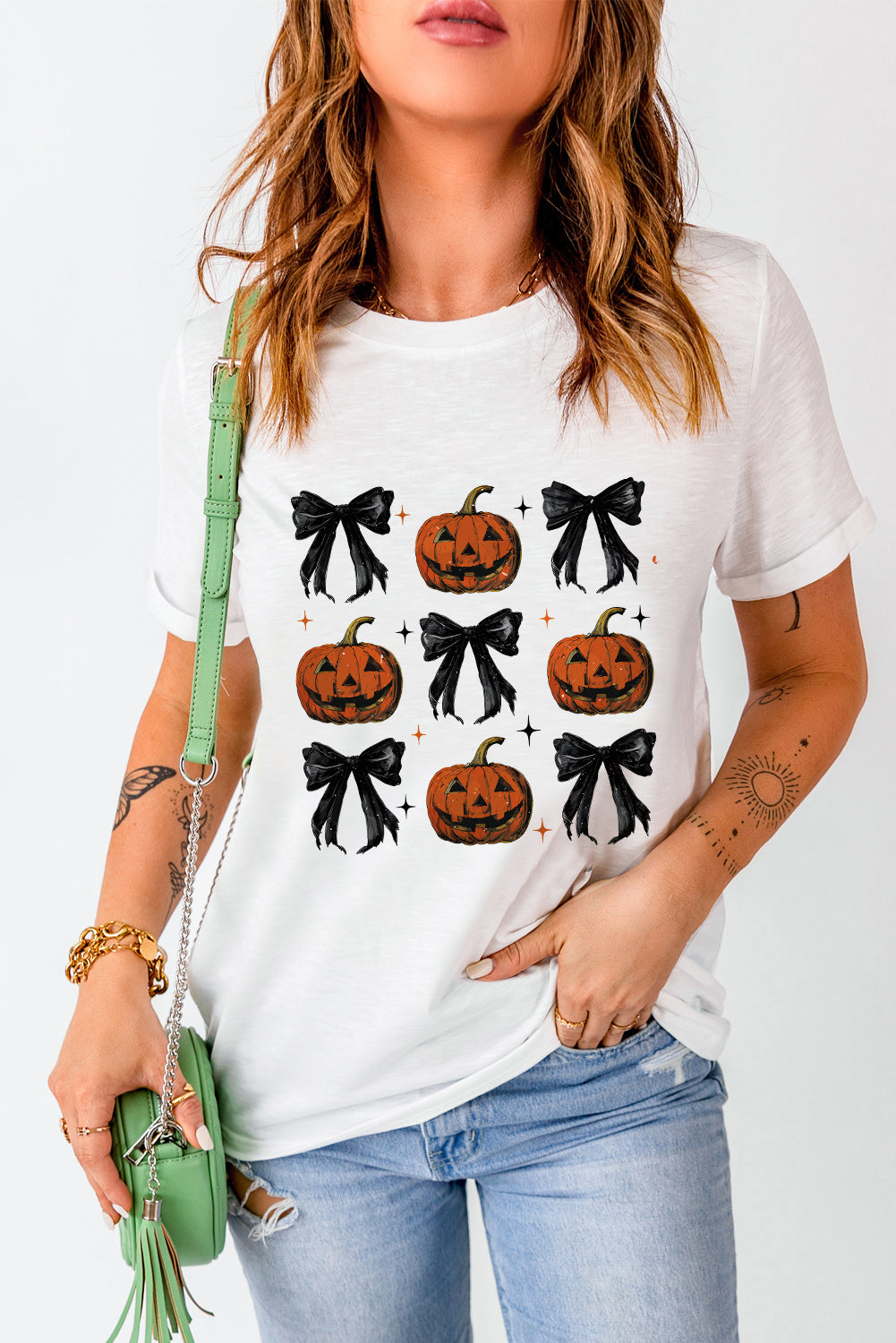 White Halloween Pumpkin Face Bowknot Graphic T Shirt Graphic Tees JT's Designer Fashion