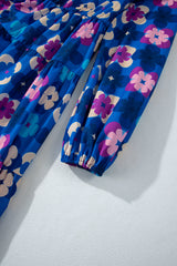 Blue Floral Peasant Sleeve Tiered Ruffle Midi Dress Midi Dresses JT's Designer Fashion
