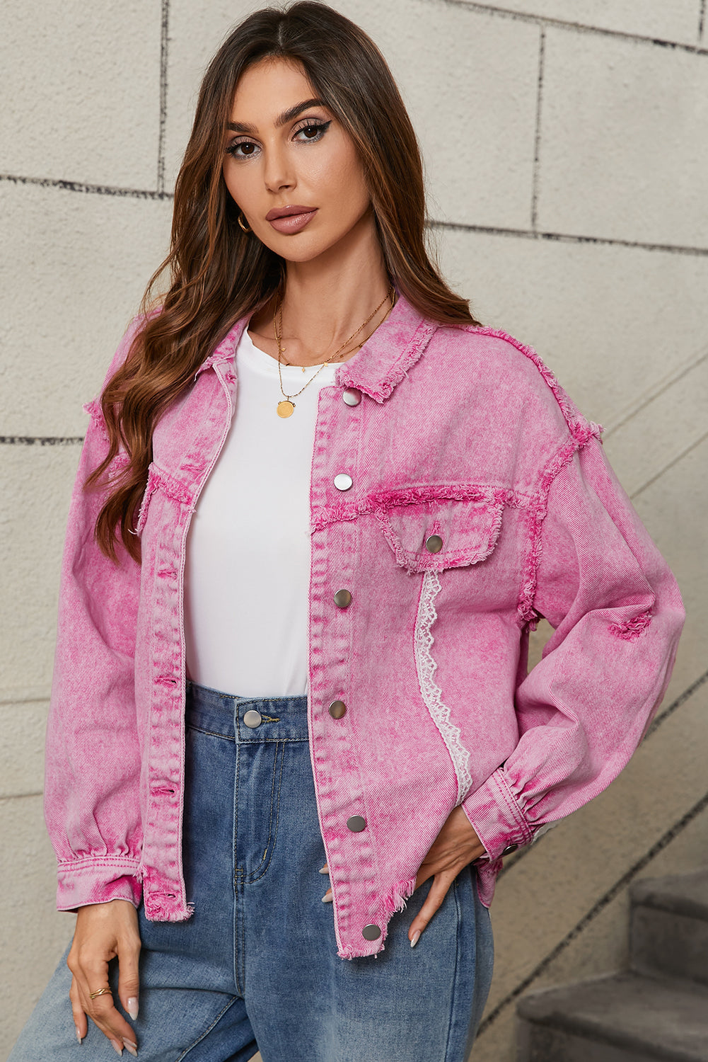 Pink Lace Patchwork Distressed Buttoned Denim Jacket Denim Jackets JT's Designer Fashion