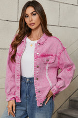 Pink Lace Patchwork Distressed Buttoned Denim Jacket Denim Jackets JT's Designer Fashion