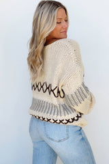 Parchment Contrast Stitch Detail V Neck Drop Shoulder Sweater Sweaters JT's Designer Fashion