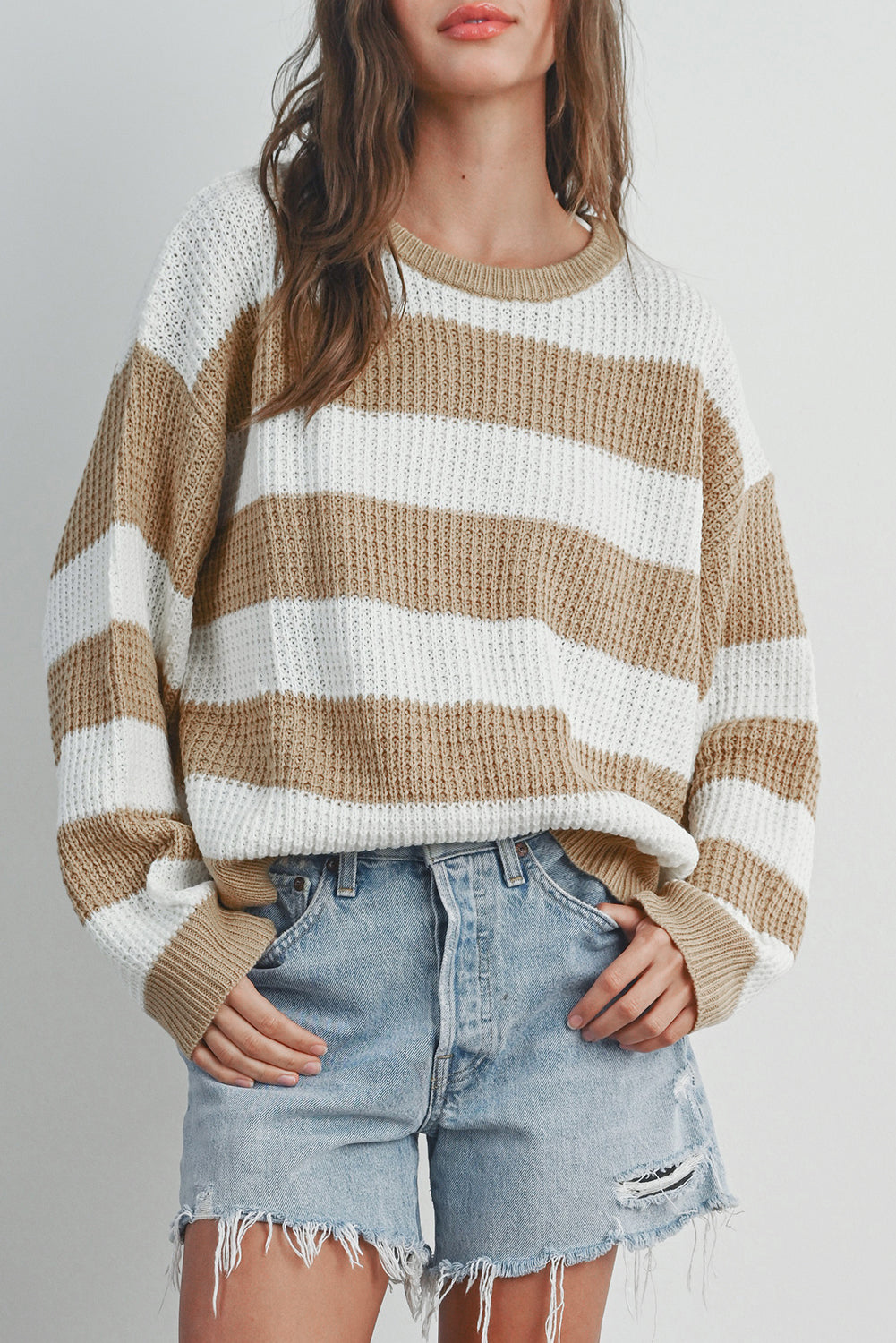 Light French Beige Colorblock Striped Drop Shoulder Side Slit Sweater Sweaters JT's Designer Fashion