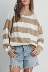 Light French Beige Colorblock Striped Drop Shoulder Side Slit Sweater Sweaters JT's Designer Fashion