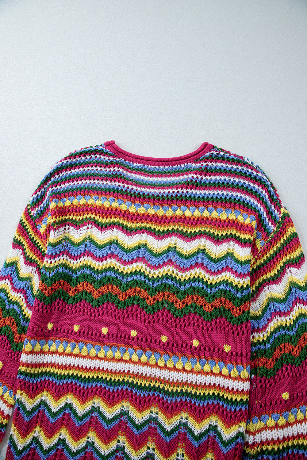Rose Red Colorblock Striped Hollowed Knit Loose Sleeve Sweater Sweaters JT's Designer Fashion