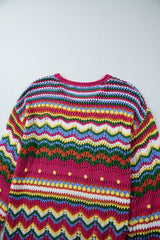 Rose Red Colorblock Striped Hollowed Knit Loose Sleeve Sweater Sweaters JT's Designer Fashion