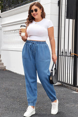 Dusk Blue Drawstring Waist Pocketed Plus Size Denim Joggers Plus Size Bottoms JT's Designer Fashion