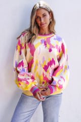 Khaki Abstract Print Colorblock Balloon Sleeve Sweater Sweaters JT's Designer Fashion