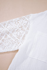 White Cotton Gauze Lace Patchwork Long Sleeve Shirt Blouses & Shirts JT's Designer Fashion