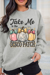 Gray Disco Ball Bowknot Pumpkin Graphic Crewneck Sweatshirt Graphic Sweatshirts JT's Designer Fashion
