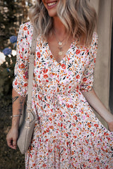 Red Boho Half Sleeve Floral V Neck Maxi Dress Floral Dresses JT's Designer Fashion