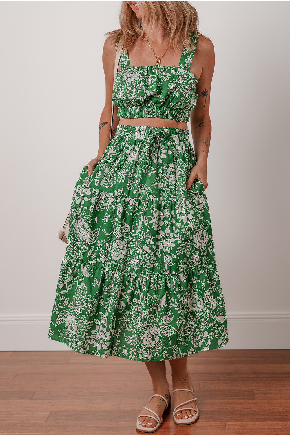 Green Floral Print Shirred Crop Top and High Waist Midi Skirt Set Two Piece Dresses JT's Designer Fashion