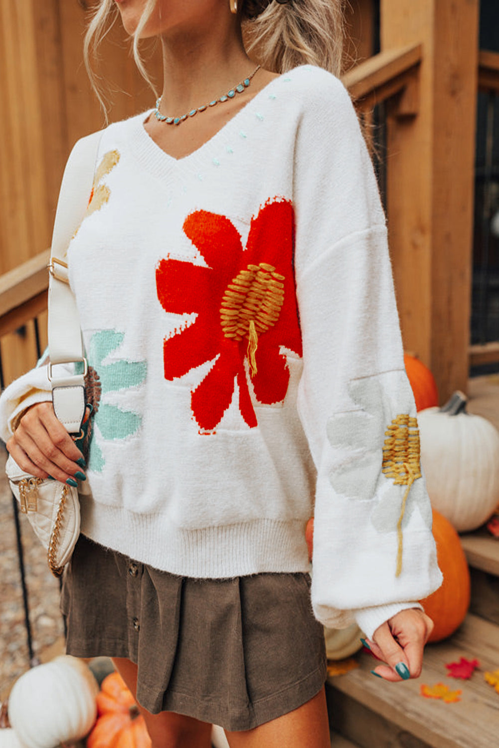 White Big Flower Pattern V Neck Drop Shoulder Sweater Sweaters JT's Designer Fashion
