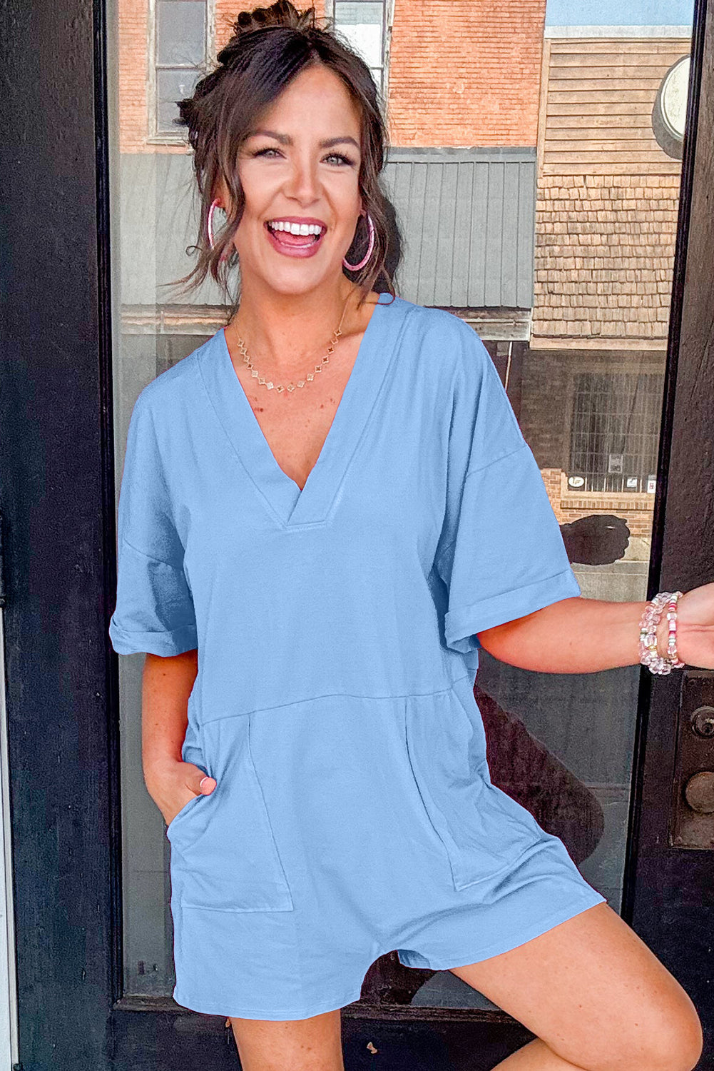 Myosotis Loose Half Sleeve V Neck Knit Romper Jumpsuits & Rompers JT's Designer Fashion