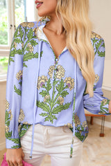 Sky Blue Floral Print Button Tie Neck Long Puff Sleeve Blouse Sky Blue 100%Polyester Blouses & Shirts JT's Designer Fashion