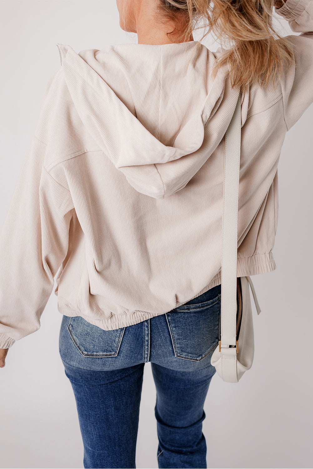 White Corduroy Drawstring Hooded Pocket Zip Up Jacket Jackets JT's Designer Fashion