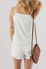 White Waffle Knit Textured Spaghetti Straps Cami and Shorts Set Short Sets JT's Designer Fashion