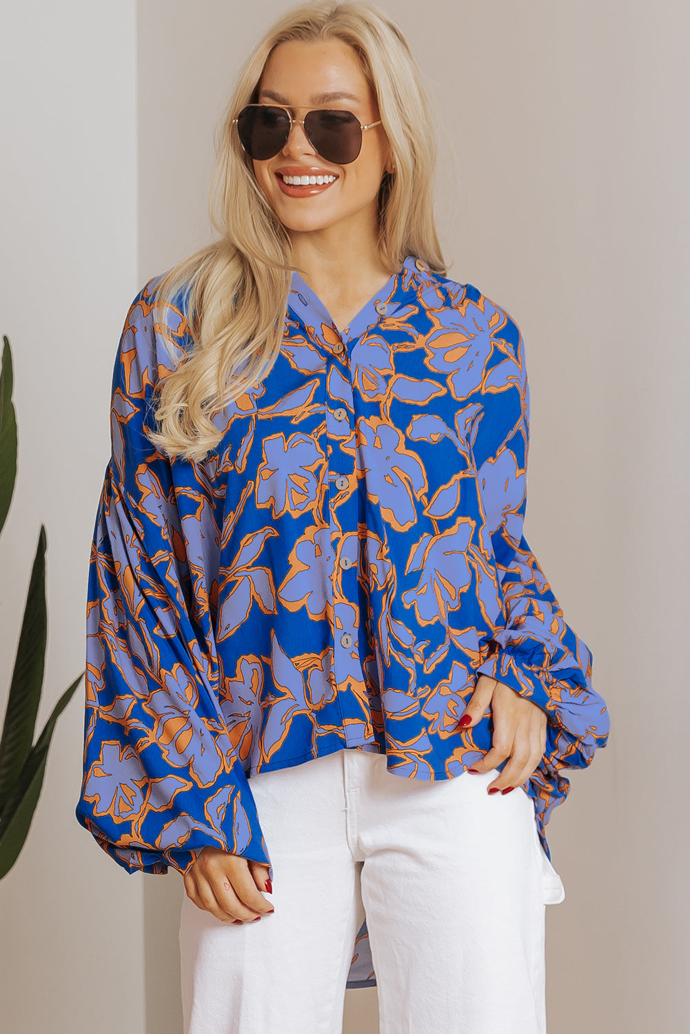 Blue Floral Print Batwing Sleeve Buttoned Loose Fit Shirt Blouses & Shirts JT's Designer Fashion