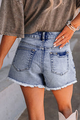 Beau Blue Pearl Studded Pockets Raw Hem Denim Shorts Denim Shorts JT's Designer Fashion