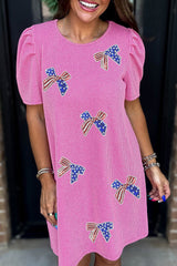 Bright Pink Flag Pattern Inspired Sequin Bow Spiral Ribbed Puff Sleeve T Shirt Dress Graphic Dresses JT's Designer Fashion