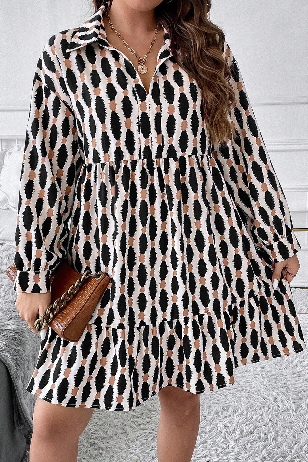 Apricot Geometric Print Collared V Neck Plus Size Mini Dress Plus Size Mini Dresses JT's Designer Fashion