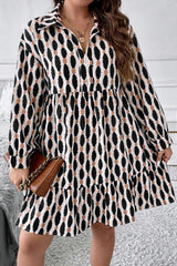Apricot Geometric Print Collared V Neck Plus Size Mini Dress Plus Size Mini Dresses JT's Designer Fashion