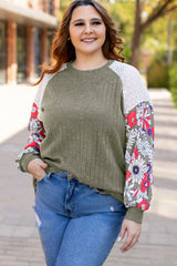 Vineyard Green Plus Size Textured Floral Patchwork Raglan Sleeve Blouse Plus Size Blouses & Shirts JT's Designer Fashion