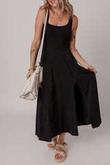 Black Sleeveless Scoop Neck Flared Split Midi Dress Midi Dresses JT's Designer Fashion