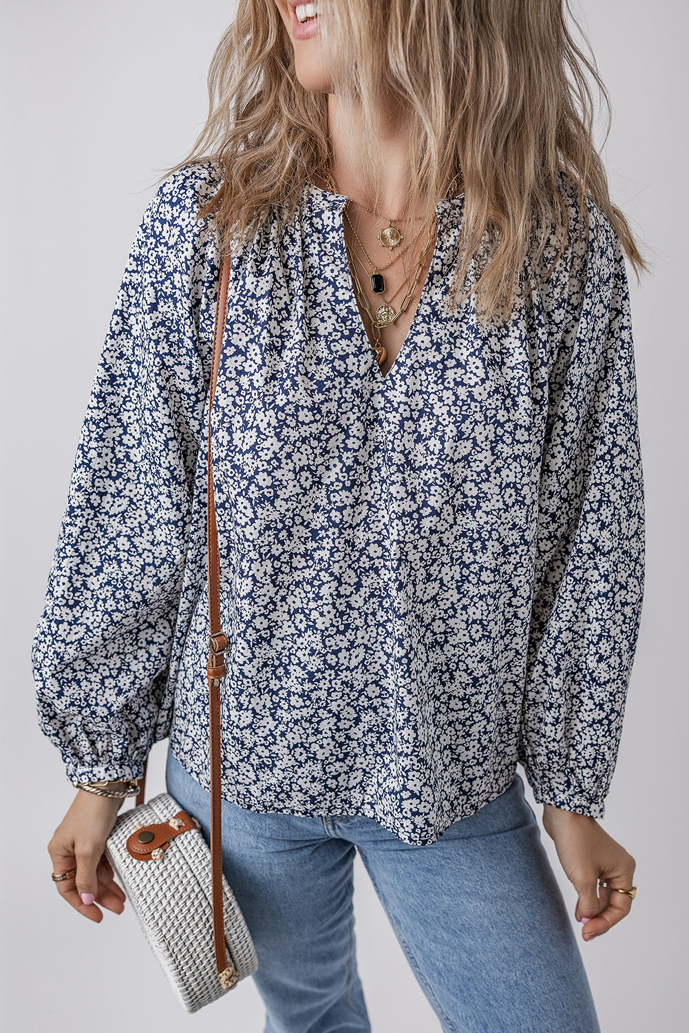 Blue Floral Print Notched V Neck Puff Sleeve Blouse Blue 100%Cotton Blouses & Shirts JT's Designer Fashion