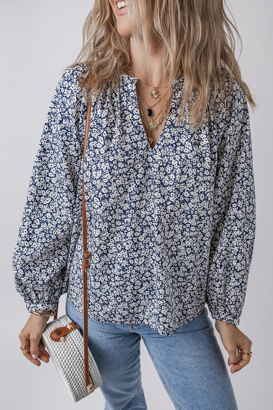 Blue Floral Print Notched V Neck Puff Sleeve Blouse Blue 100%Cotton Blouses & Shirts JT's Designer Fashion