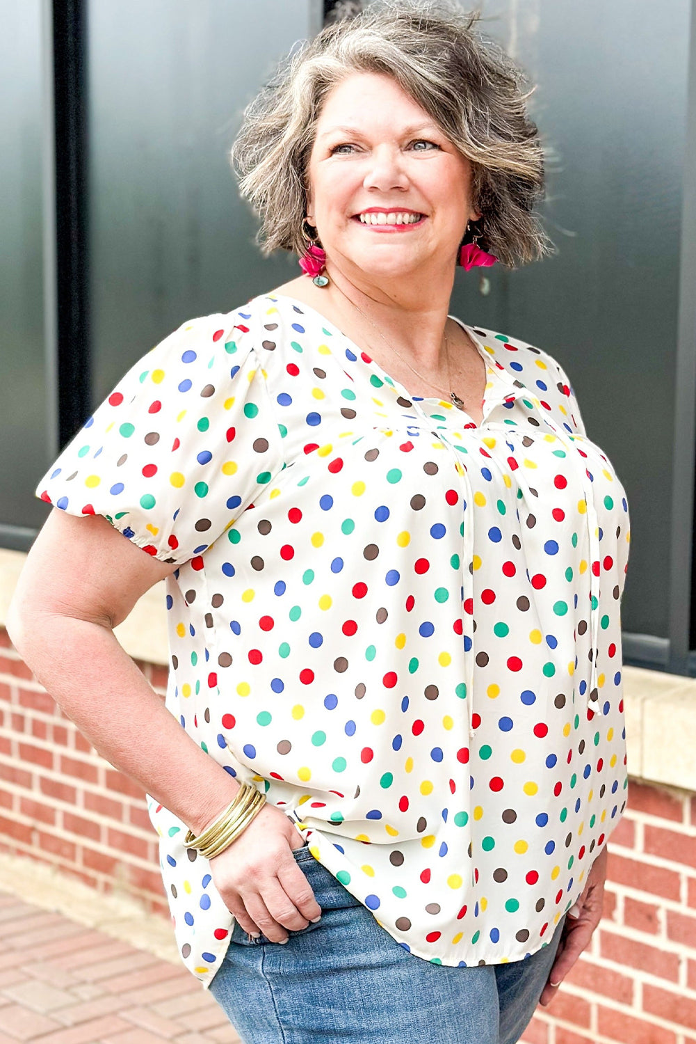 Apricot Plus Size Colorful Polka Dots Tie Neck Puff Sleeve Blouse Plus Size Blouses & Shirts JT's Designer Fashion