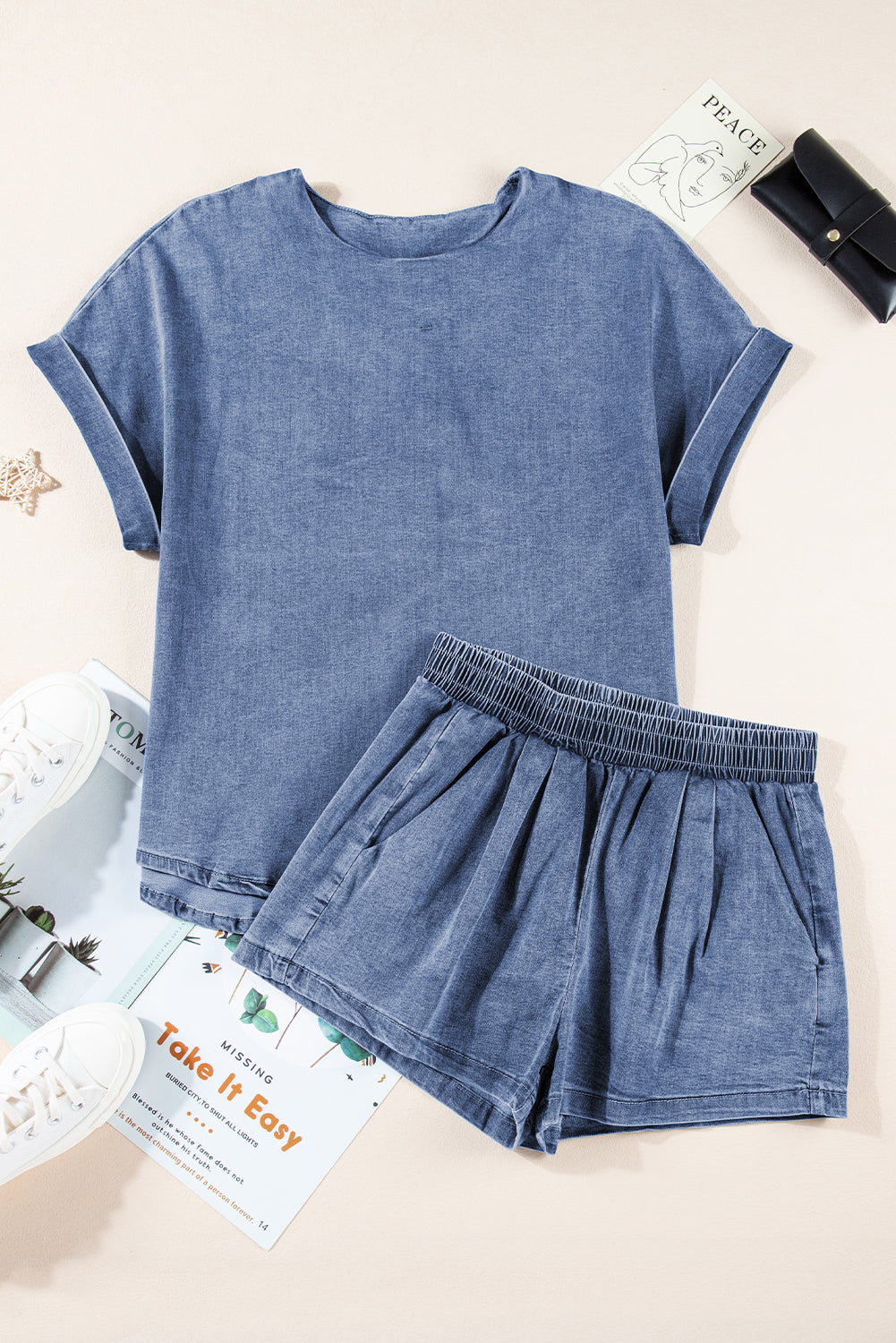 Light Blue Denim Cuffed Sleeve Tee Elastic Shorts Set Short Sets JT's Designer Fashion