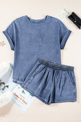 Light Blue Denim Cuffed Sleeve Tee Elastic Shorts Set Short Sets JT's Designer Fashion