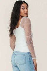 White Swiss Dot Mesh Long Sleeve Square Neck Slim Top Long Sleeve Tops JT's Designer Fashion