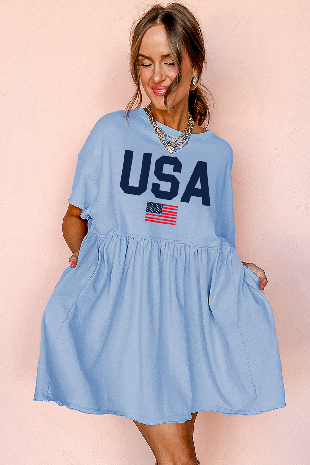 Sky Blue USA Flag Print Short Sleeve High Waist Babydoll Dress Graphic Dresses JT's Designer Fashion