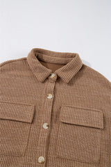 Dark Khaki Solid Color Corduroy Buttoned Long Sleeve Shacket Jackets JT's Designer Fashion