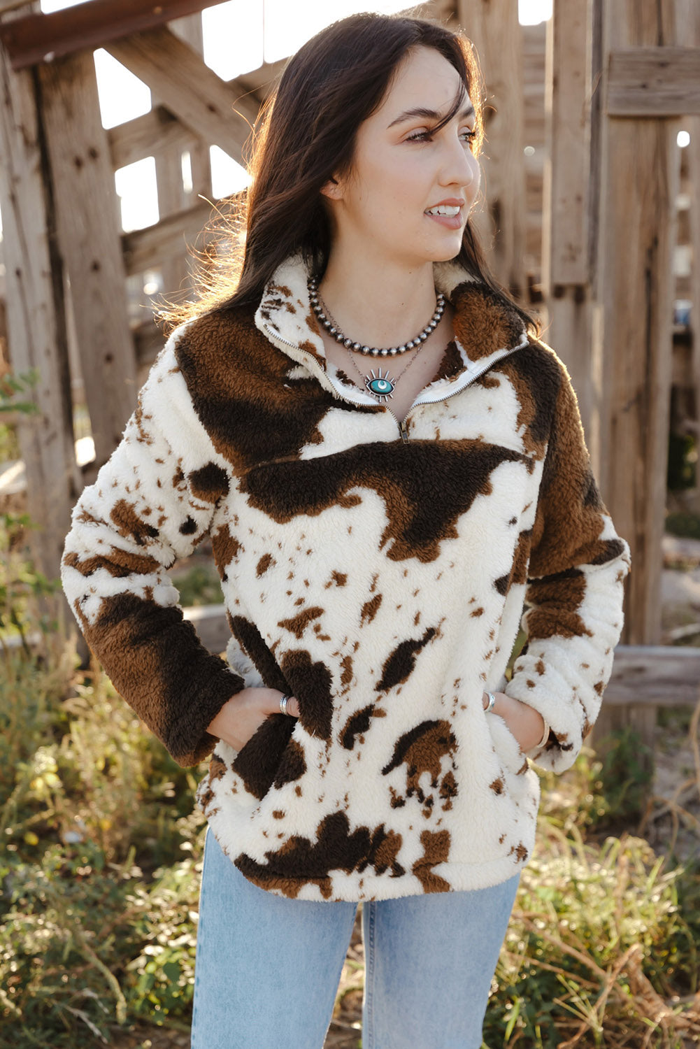 Zip Collar Cow Print Fleece Sweatshirt Sweatshirts & Hoodies JT's Designer Fashion