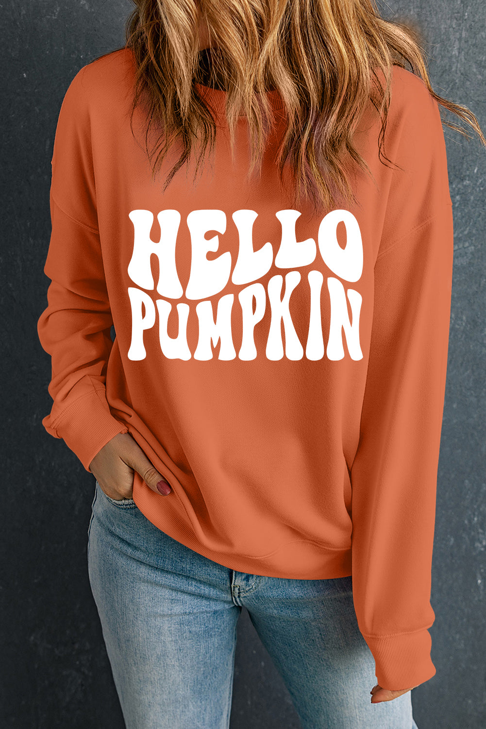 Orange Hello Pumpkin Graphic Drop Shoulder Halloween Sweatshirt Orange 50%Polyester+50%Cotton Graphic Sweatshirts JT's Designer Fashion