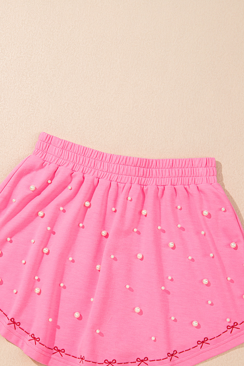 Pink Contrast Bow Trim Pearl Puff Sleeve Blouse and Skort 2pcs Set Short Sets JT's Designer Fashion