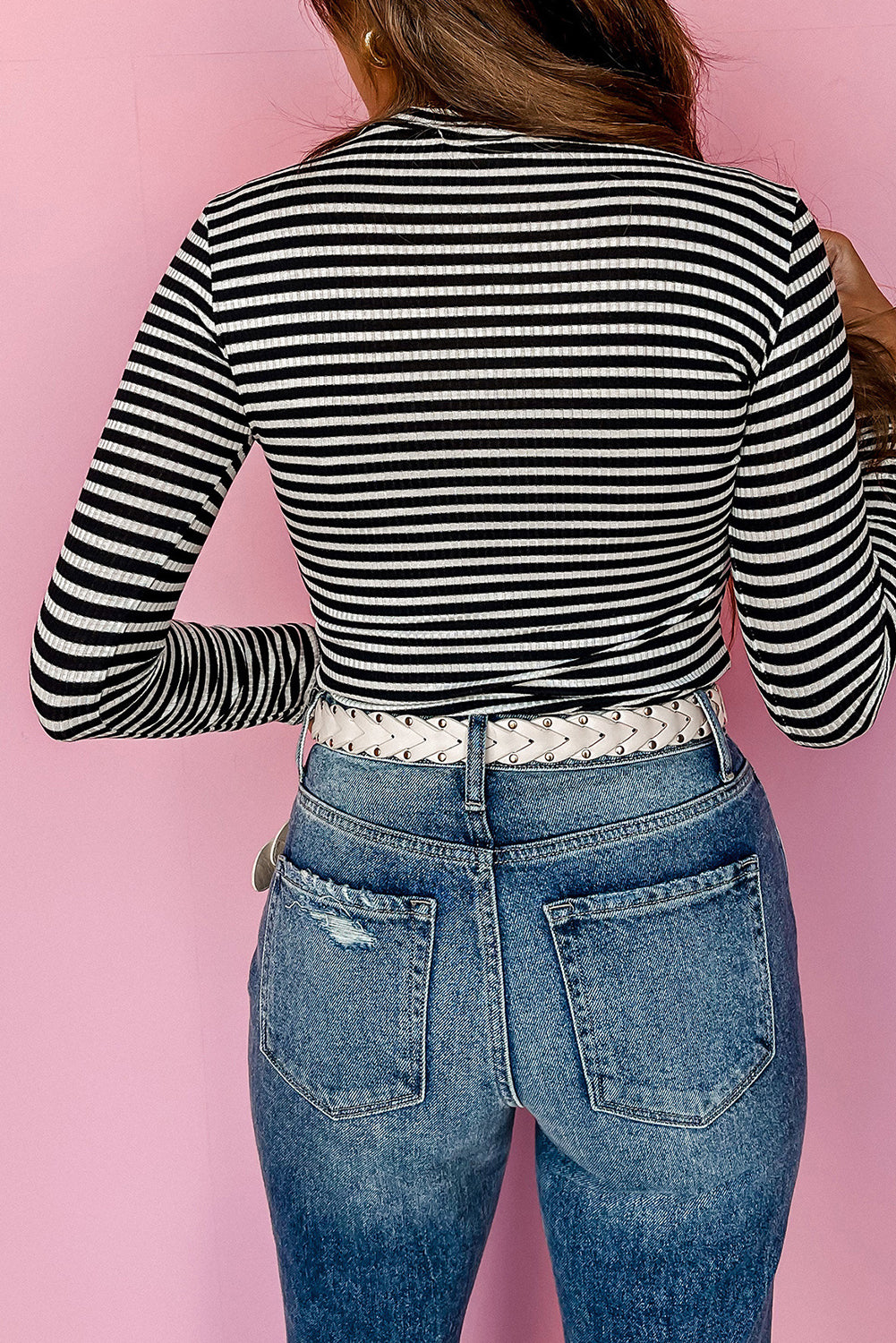 Black Stripe Knit Mock Neck Long Sleeve Slim Top Long Sleeve Tops JT's Designer Fashion