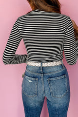 Black Stripe Knit Mock Neck Long Sleeve Slim Top Long Sleeve Tops JT's Designer Fashion