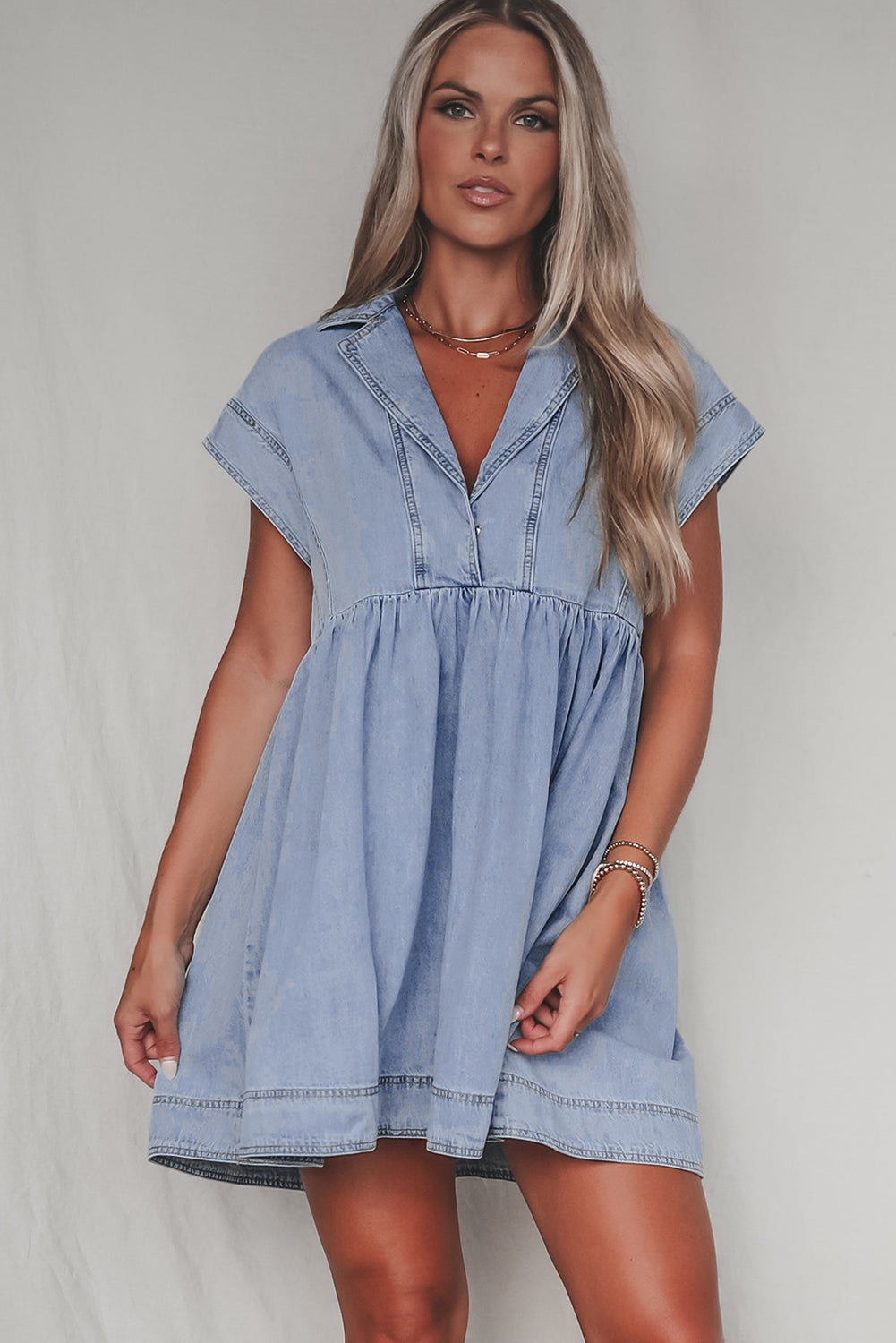 Beau Blue Lapel Neck Cap Sleeve High Waist Denim Babydoll Dress Mini Dresses JT's Designer Fashion