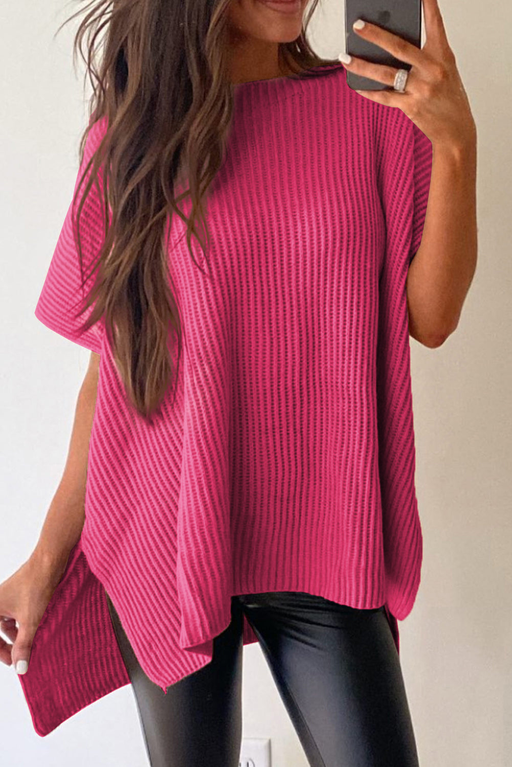 Rose Red Short Sleeve Side Slit Oversized Sweater Sweaters & Cardigans JT's Designer Fashion