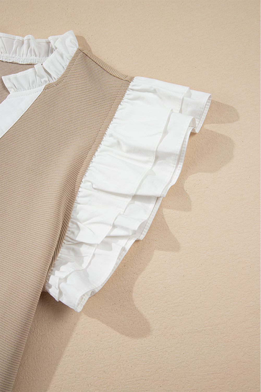 Pale Khaki Contrast V Neck Ruffled Textured Knit Top Blouses & Shirts JT's Designer Fashion